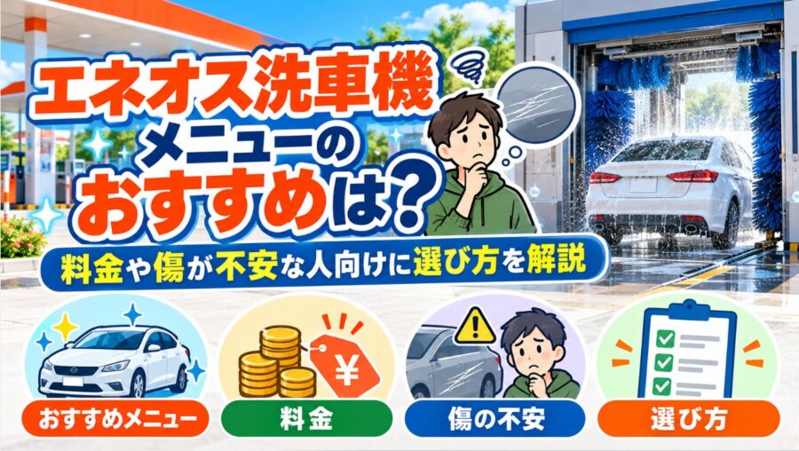 エネオス洗車機のおすすめメニューや料金、傷の不安、選び方を解説する画像。自動洗車機で白い車を洗う様子と、洗車メニューの比較ポイントを紹介。
