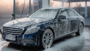 シャンプー洗車で泡に包まれる車
