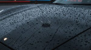 撥水コートで雨を弾く車のボディ