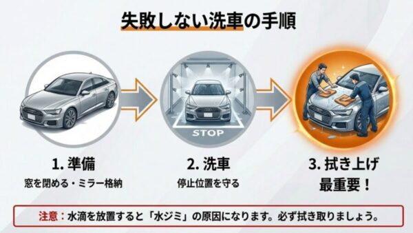 : 洗車前の準備から停止位置、最後の拭き上げまでの手順を解説したイラスト