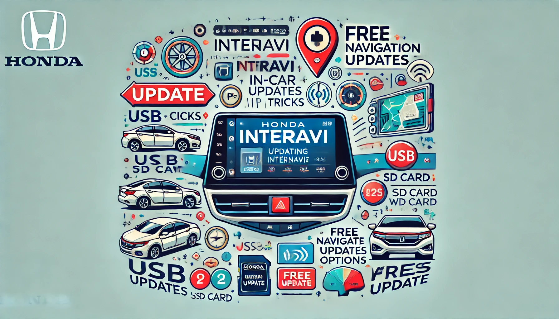 DALL·E 2025 03 20 18.53.44 A visually engaging image illustrating tips and tricks for updating Honda Internavi (Honda's in car navigation system). The image should feature a mod