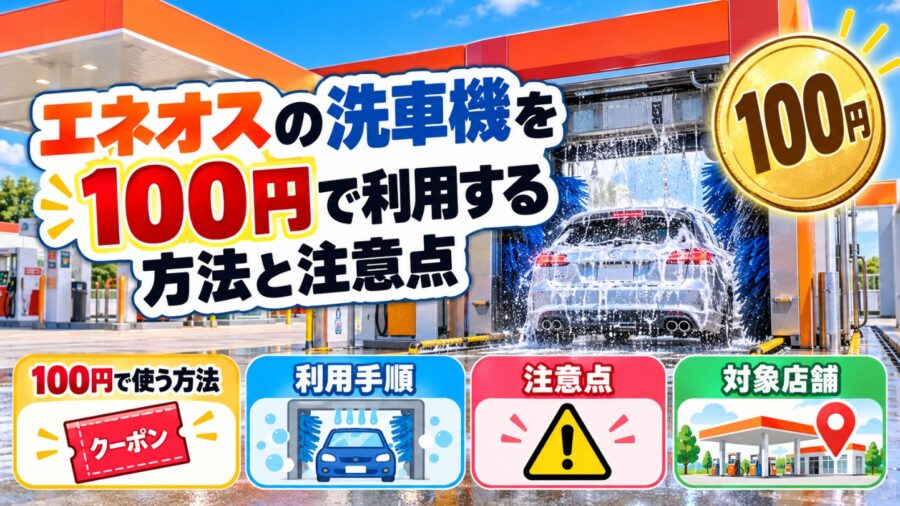 エネオスの洗車機を100円で利用する方法と注意点を解説する画像。洗車機で車を洗う様子を背景に、割引クーポン・利用手順・注意点・対象店舗を紹介。