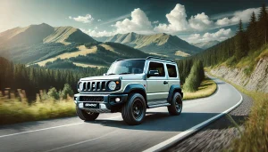 DALL·E 2025 04 05 21.53.56 A stylish Suzuki Jimny Sierra driving on a scenic mountain road. The image captures the Jimny Sierra from a side angle, emphasizing its rugged design,