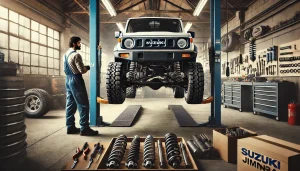 DALL·E 2025 04 05 21.55.11 A rugged Suzuki Jimny Sierra being modified in a garage to improve ride comfort. The image shows the vehicle lifted on a car lift, with mechanics work