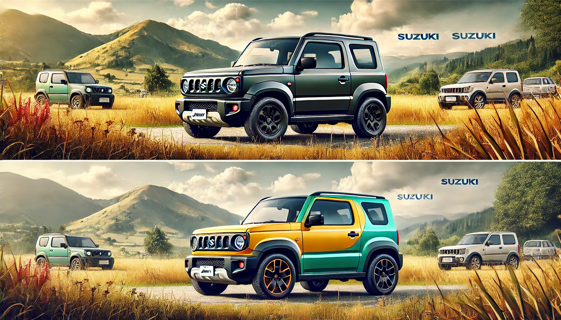 DALL·E 2025 04 05 22.51.10 A detailed side by side comparison image of two compact Japanese SUVs one resembling a Suzuki Jimny and the other resembling a Suzuki Hustler. Both v
