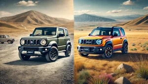 DALL·E 2025 04 05 22.56.11 A side by side comparison image of two compact Japanese SUVs one resembling a Suzuki Jimny and the other resembling a Suzuki Hustler. Both cars are p
