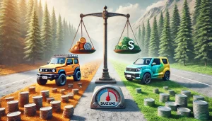 DALL·E 2025 04 05 22.57.19 An artistic conceptual image comparing the maintenance costs of two compact Japanese SUVs one resembling a Suzuki Jimny and the other resembling a Su