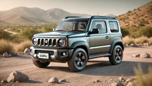 DALL·E 2025 04 06 11.37.14 A medium grey Suzuki Jimny parked outdoors on a clear day, with no logos or text visible. The car is clean but with slight realistic dirt accumulation