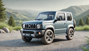 DALL·E 2025 04 06 11.37.21 A medium grey Suzuki Jimny parked outdoors on a clear day, with no logos or text visible. The car is clean but with slight realistic dirt accumulation