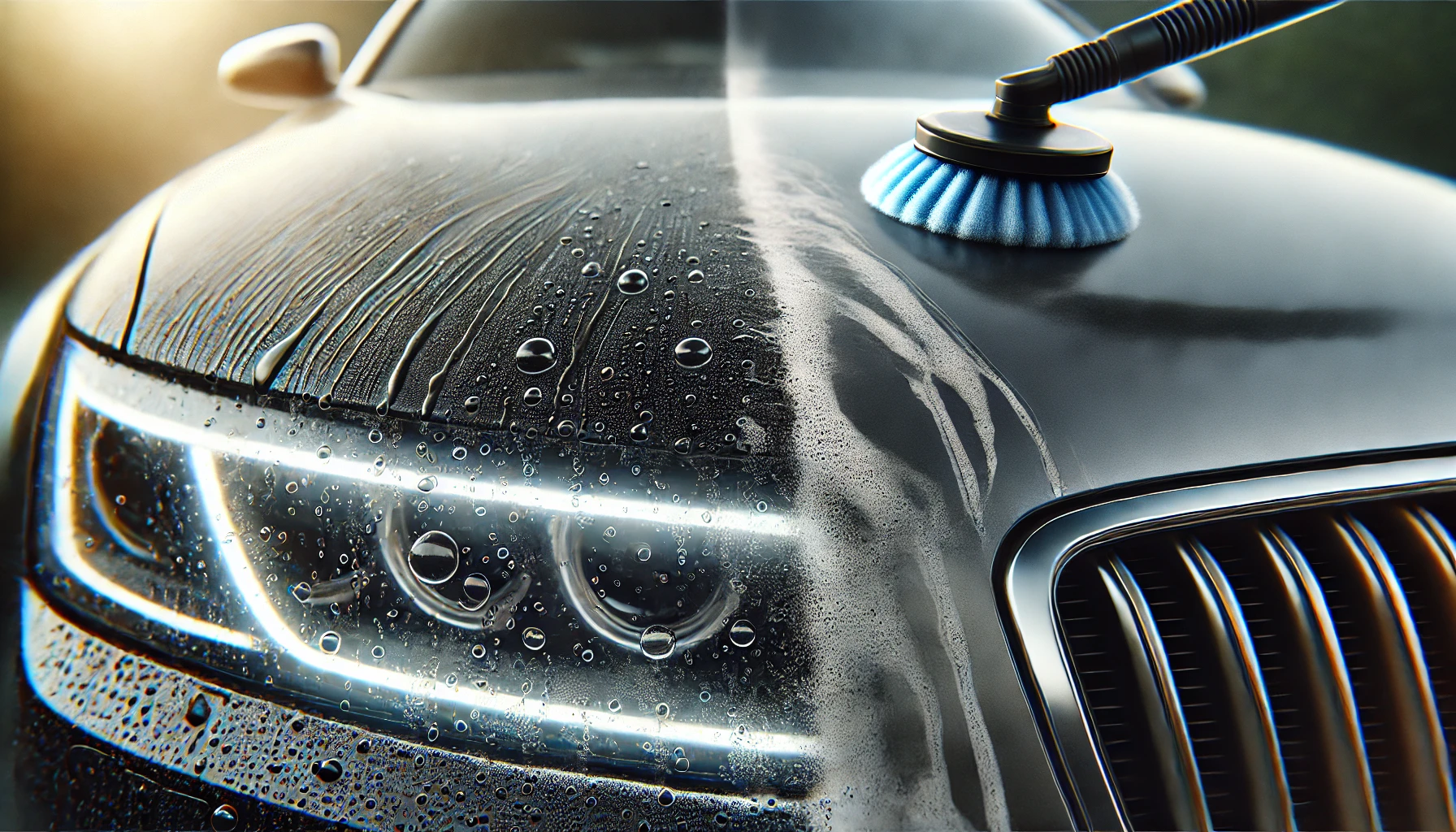 DALL·E 2025 04 08 20.21.20 A realistic, high quality 16 9 image showing a close up of a car surface being cleaned to remove stubborn water spots (mineral deposits) and grime. Th