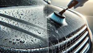 DALL·E 2025 04 08 20.21.22 A realistic, high quality 16 9 image showing a close up of a car surface being cleaned to remove stubborn water spots (mineral deposits) and grime. Th