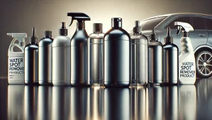 DALL·E 2025 04 08 20.22.57 A clean, high quality 16 9 image depicting a concept of a car water spot remover product ranking. The scene shows several realistic bottles or contain