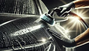 DALL·E 2025 04 08 20.23.53 A powerful, high quality 16 9 image showing a dramatic close up of a car being cleaned with a water spot remover, emphasizing the 'ultimate' or 'stron