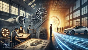 DALL·E 2025 04 10 20.23.27 A symbolic and historical scene showing the technological connection between Nakajima Aircraft Company and Subaru. The image features a split view on DALL·E 2025 04 10 20.23.27 A symbolic and historical scene showing the technological connection between Nakajima Aircraft Company and Subaru. The image features a split view on