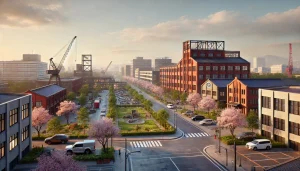 DALL·E 2025 04 10 20.25.37 A realistic 16 9 image showing the current appearance of a former Nakajima Aircraft Company site in Japan. The scene features a modern urban area with DALL·E 2025 04 10 20.25.37 A realistic 16 9 image showing the current appearance of a former Nakajima Aircraft Company site in Japan. The scene features a modern urban area with