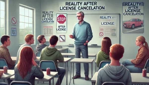 DALL·E 2025 04 12 19.58.45 A 16 9 realistic illustration showing a group discussion in a modest classroom setting. In the scene, a former driver, looking regretful but sincere,