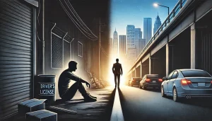 DALL·E 2025 04 12 19.59.29 A 16 9 illustration showing a symbolic scene on one side, a man looks defeated, sitting on the ground in a dark alley, symbolizing despair after losi