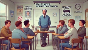 DALL·E 2025 04 12 19.59.57 A 16 9 realistic illustration showing a group discussion in a modest classroom setting. In the scene, a former driver, looking regretful but sincere,