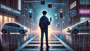 DALL·E 2025 04 12 20.02.11 A 16 9 emotional illustration showing a person standing at a crossroads at night under a heavy rain. They look lost and hopeless, holding a soaked dri