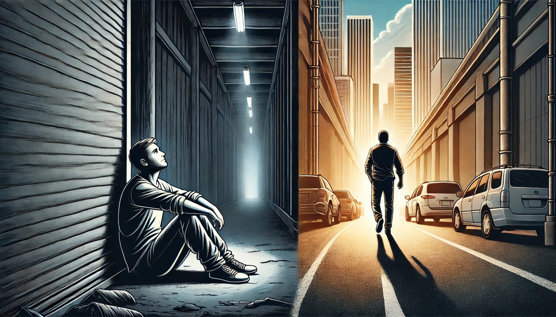 DALL·E 2025 04 12 20.02.14 A 16 9 illustration showing a symbolic scene on one side, a man looks defeated, sitting on the ground in a dark alley, symbolizing despair after losi