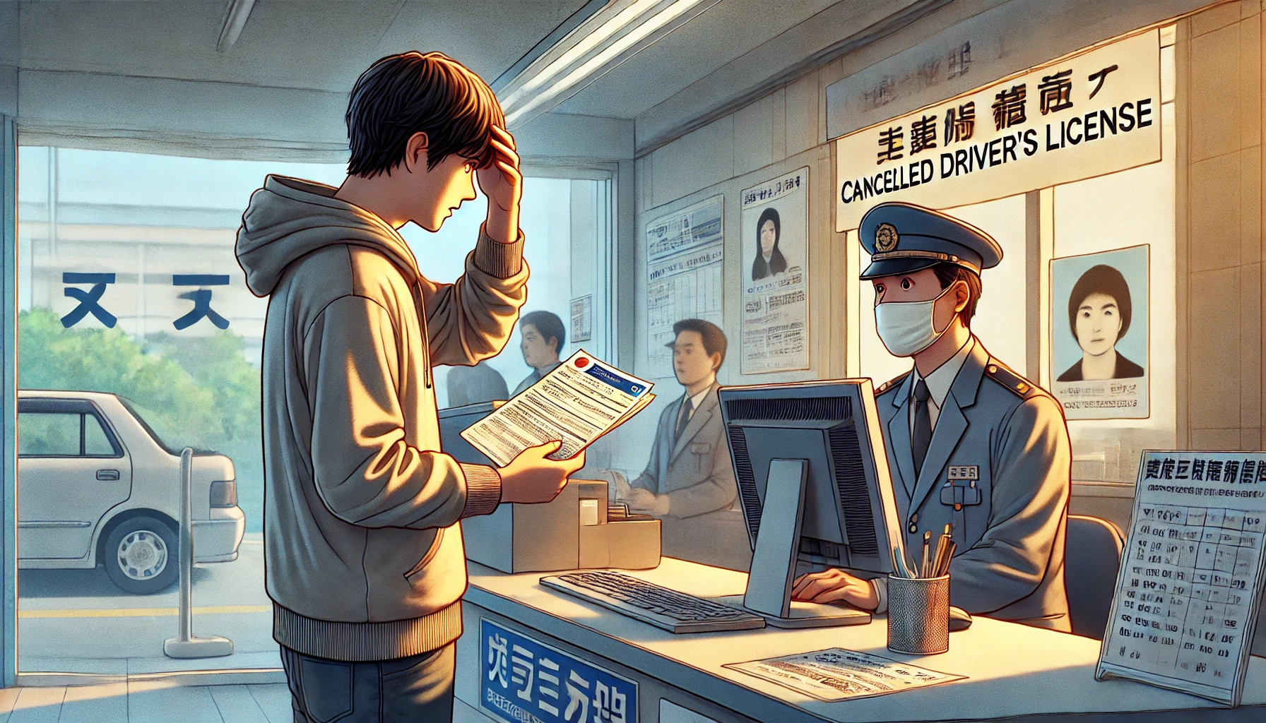 DALL·E 2025 04 12 20.41.10 A symbolic and realistic illustration representing a person worried about their canceled driver's license being discovered when reapplying. The scene