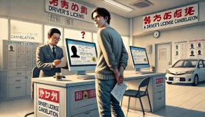 DALL·E 2025 04 12 20.42.27 A symbolic and realistic illustration showing the risks of hiding a driver's license cancellation. The scene depicts a person nervously looking over t
