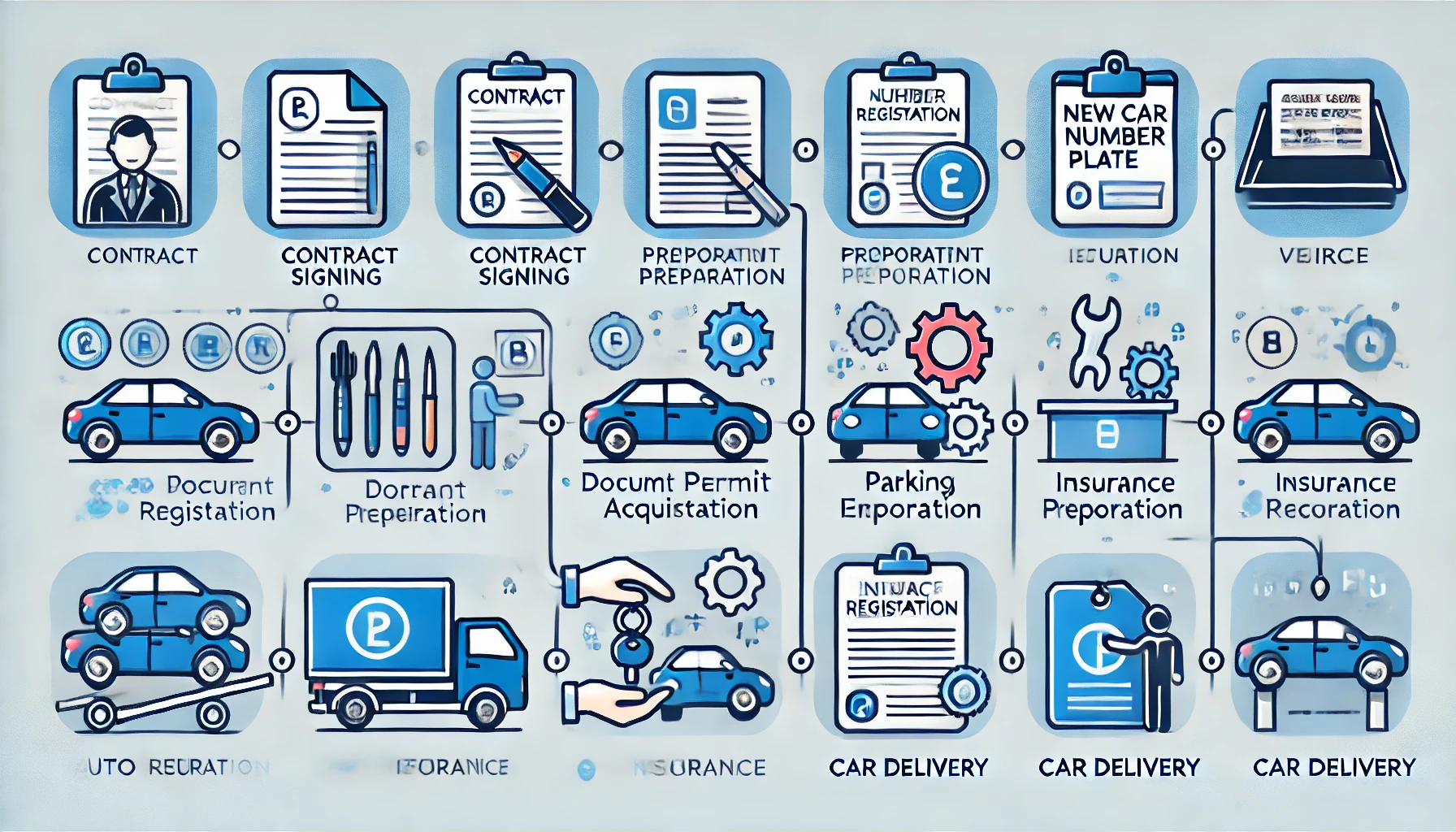 DALL·E 2025 04 13 21.12.32 An informative 16 9 horizontal image illustrating the process from new car number plate registration to delivery. The design is clean and modern with