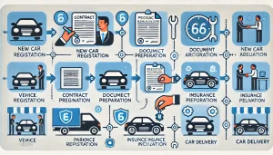 DALL·E 2025 04 13 21.12.35 An informative 16 9 horizontal image illustrating the process from new car number plate registration to delivery. The design is clean and modern with
