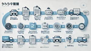 DALL·E 2025 04 13 21.13.26 A clean and professional 16 9 horizontal infographic showing the flow from new car number plate registration to delivery. The background is white with