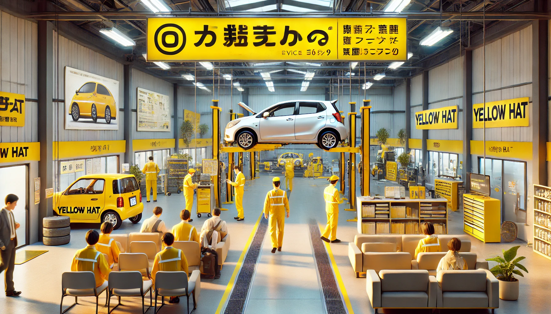 DALL·E 2025 04 15 19.59.32 A 16 9 image showing a Yellow Hat (イエローハット) automotive service center in Japan during a car inspection (車検). The scene includes a clean and modern ser