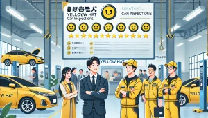 DALL·E 2025 04 15 20.00.28 A 16 9 image representing the reputation of Yellow Hat (イエローハット) in Japan for car inspections (車検). The scene shows happy customers talking with frien DALL·E 2025 04 15 20.00.28 A 16 9 image representing the reputation of Yellow Hat (イエローハット) in Japan for car inspections (車検). The scene shows happy customers talking with frien