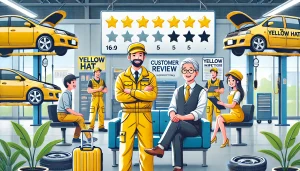 DALL·E 2025 04 15 20.00.32 A 16 9 image representing the reputation of Yellow Hat (イエローハット) in Japan for car inspections (車検). The scene shows happy customers talking with frien DALL·E 2025 04 15 20.00.32 A 16 9 image representing the reputation of Yellow Hat (イエローハット) in Japan for car inspections (車検). The scene shows happy customers talking with frien