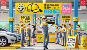 DALL·E 2025 04 15 20.04.34 A 16 9 image showing a Yellow Hat (イエローハット) auto service center in Japan offering various special benefits (特典) for customers getting a vehicle inspec DALL·E 2025 04 15 20.04.34 A 16 9 image showing a Yellow Hat (イエローハット) auto service center in Japan offering various special benefits (特典) for customers getting a vehicle inspec