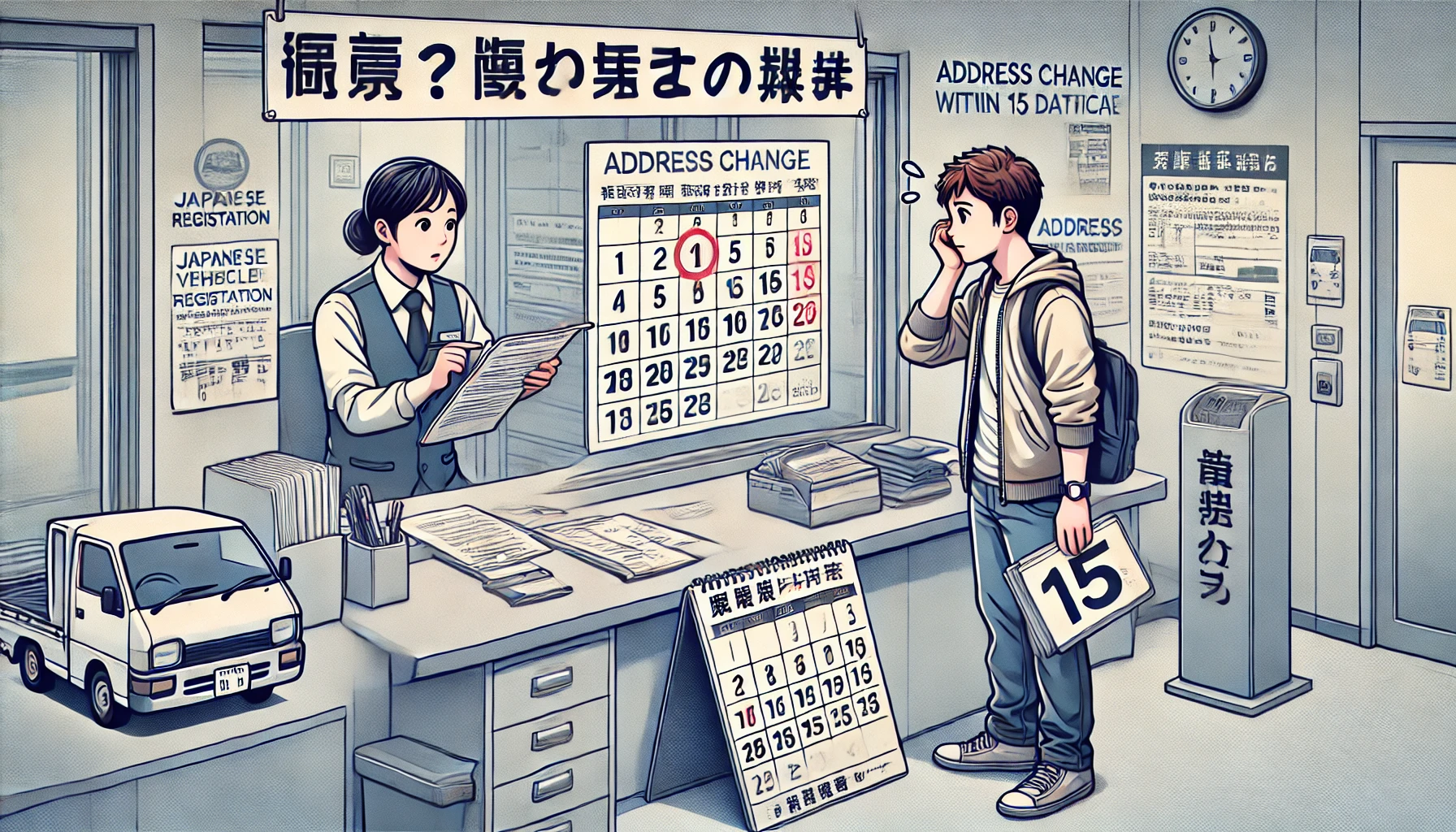 DALL·E 2025 04 22 21.19.50 A stylized, informative image in 16 9 format showing a scene where a person is at a Japanese vehicle registration office (陸運局) realizing they are late
