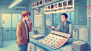 DALL·E 2025 04 22 21.19.53 A stylized, informative image in 16 9 format showing a scene where a person is at a Japanese vehicle registration office (陸運局) realizing they are late