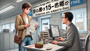 DALL·E 2025 04 22 21.22.36 A realistic 16 9 illustration showing the consequences of missing the 15 day deadline for updating the address on a Japanese vehicle inspection certif
