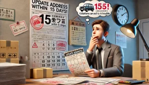 DALL·E 2025 04 22 21.23.28 A realistic 16 9 digital illustration showing the risks of not updating the address on a Japanese vehicle inspection certificate (車検証) within 15 days