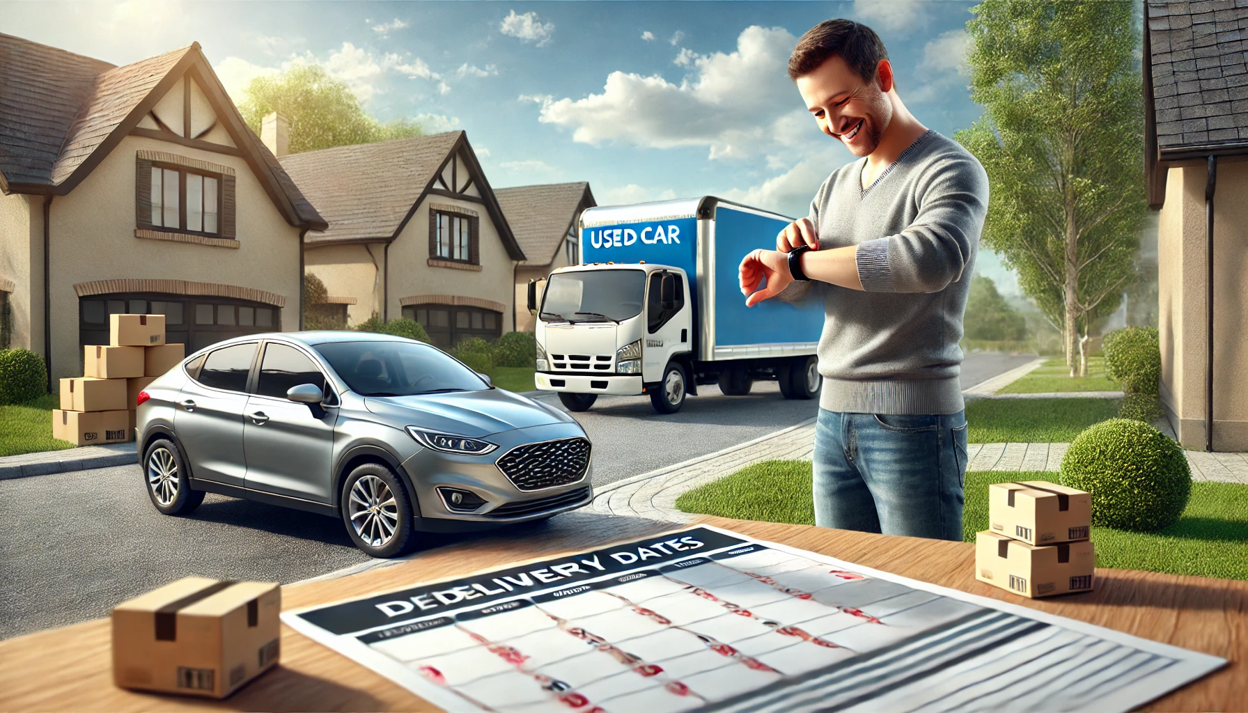 DALL·E 2025 04 23 19.33.56 A realistic scene showing a person waiting excitedly for their used car to be delivered. The setting is a suburban home driveway with clear skies. A d