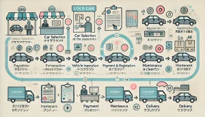 DALL·E 2025 04 23 19.34.52 An informative and visually engaging 16 9 image illustrating the process and timeline of used car delivery in Japan. The image should be designed like