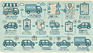 DALL·E 2025 04 23 19.34.55 An informative and visually engaging 16 9 image illustrating the process and timeline of used car delivery in Japan. The image should be designed like DALL·E 2025 04 23 19.34.55 An informative and visually engaging 16 9 image illustrating the process and timeline of used car delivery in Japan. The image should be designed like