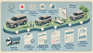 DALL·E 2025 04 23 19.36.12 A realistic and informative 16 9 image showing the estimated timeline for used car delivery in Japan. The image is styled like a visual timeline or in DALL·E 2025 04 23 19.36.12 A realistic and informative 16 9 image showing the estimated timeline for used car delivery in Japan. The image is styled like a visual timeline or in