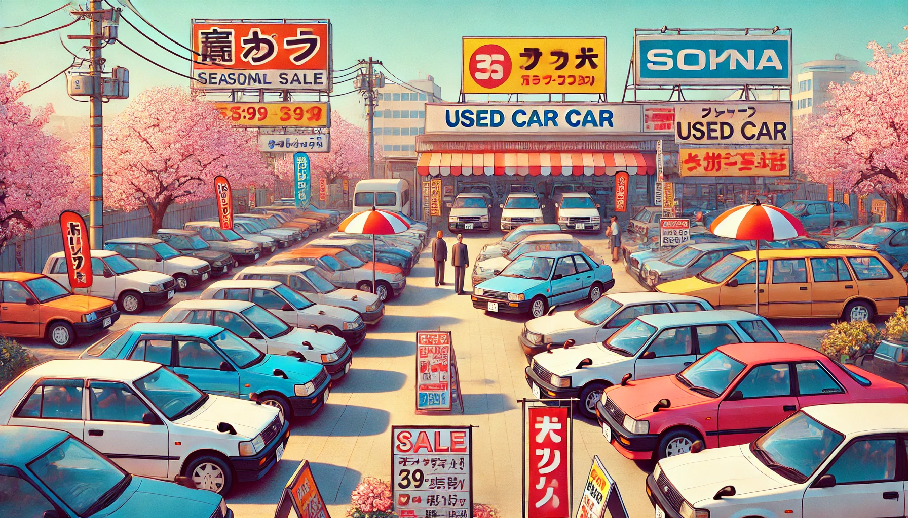 DALL·E 2025 04 23 20.12.41 A 16 9 wide image illustrating the best time to buy a used car in Japan. The scene shows a Japanese used car dealership during a seasonal sale, with c