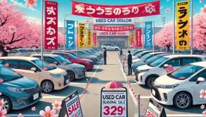 DALL·E 2025 04 23 20.12.44 A 16 9 wide image illustrating the best time to buy a used car in Japan. The scene shows a Japanese used car dealership during a seasonal sale, with c DALL·E 2025 04 23 20.12.44 A 16 9 wide image illustrating the best time to buy a used car in Japan. The scene shows a Japanese used car dealership during a seasonal sale, with c