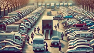 DALL·E 2025 04 23 20.14.16 A 16 9 wide image showing the season when many used cars enter the market in Japan. The scene depicts a busy used car auction yard or dealership lot d DALL·E 2025 04 23 20.14.16 A 16 9 wide image showing the season when many used cars enter the market in Japan. The scene depicts a busy used car auction yard or dealership lot d