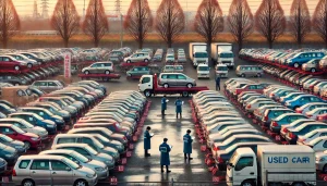 DALL·E 2025 04 23 20.14.18 A 16 9 wide image showing the season when many used cars enter the market in Japan. The scene depicts a busy used car auction yard or dealership lot d DALL·E 2025 04 23 20.14.18 A 16 9 wide image showing the season when many used cars enter the market in Japan. The scene depicts a busy used car auction yard or dealership lot d
