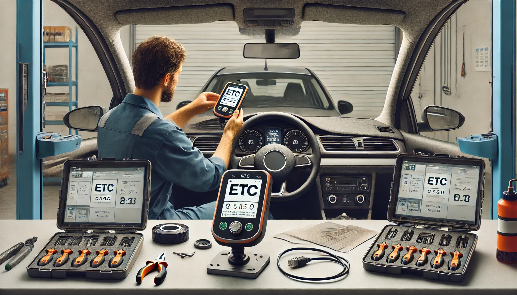 DALL·E 2025 04 25 19.56.33 A 16 9 image showing a used car with an ETC (Electronic Toll Collection) setup being installed. The scene shows a car parked in a clean garage or mech