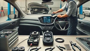 DALL·E 2025 04 25 19.56.36 A 16 9 image showing a used car with an ETC (Electronic Toll Collection) setup being installed. The scene shows a car parked in a clean garage or mech