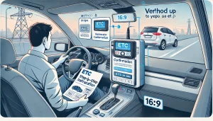 DALL·E 2025 04 25 19.58.19 A 16 9 image illustrating the method and steps to verify and set up an ETC (Electronic Toll Collection) system in a car. The scene shows a driver sitt
