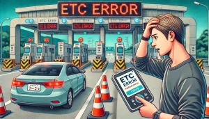 DALL·E 2025 04 25 20.00.05 A 16 9 image illustrating the risks of not re setting up the ETC (Electronic Toll Collection) device when purchasing a used car in Japan. The image sh