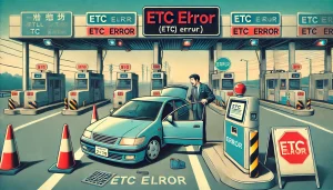 DALL·E 2025 04 25 20.00.38 A 16 9 image illustrating the risks of not re setting up the ETC (Electronic Toll Collection) device when purchasing a used car in Japan. The image sh